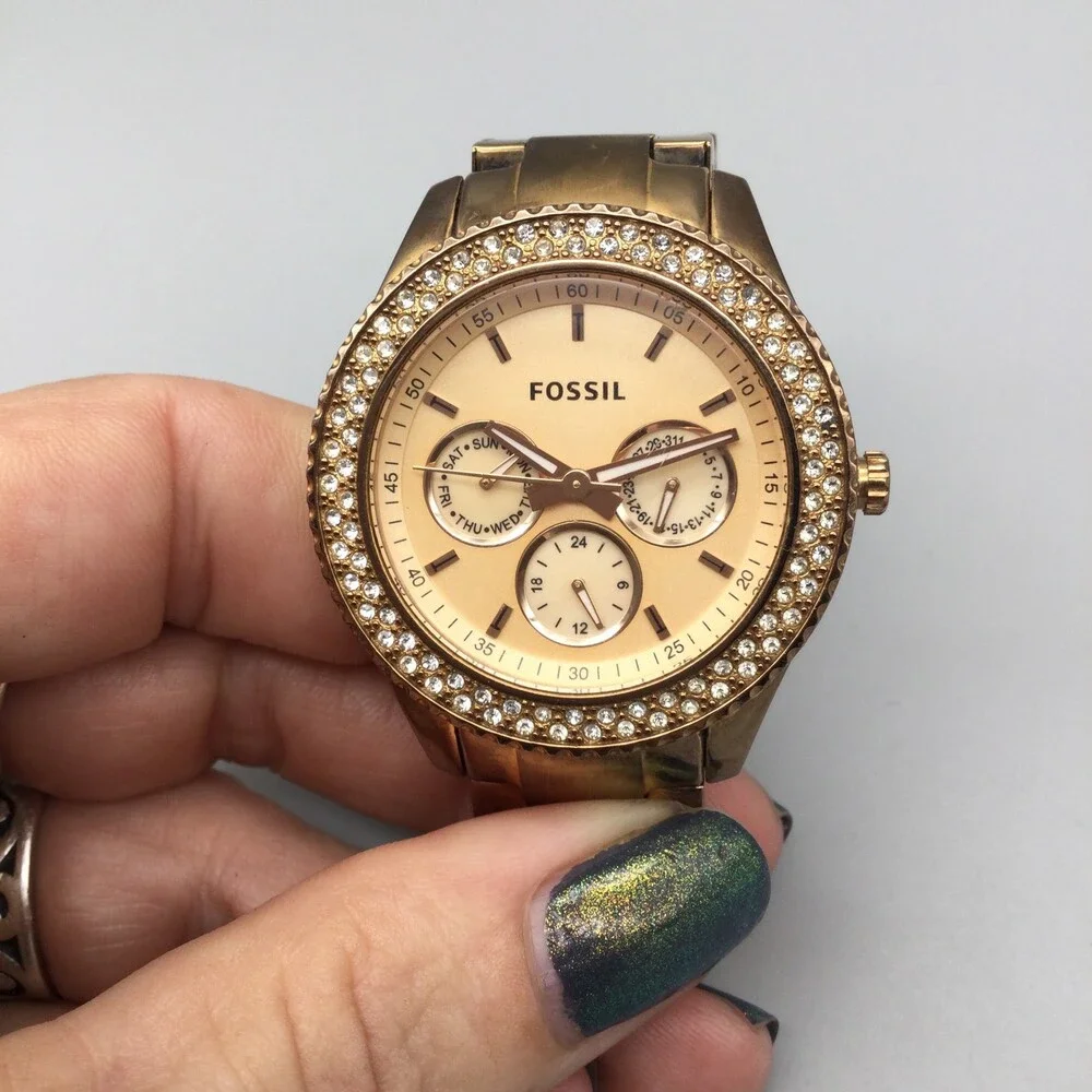 Fossil Watch Womens 38mm Gold Tone Stainless Steel ES3003 Day Date New Battery